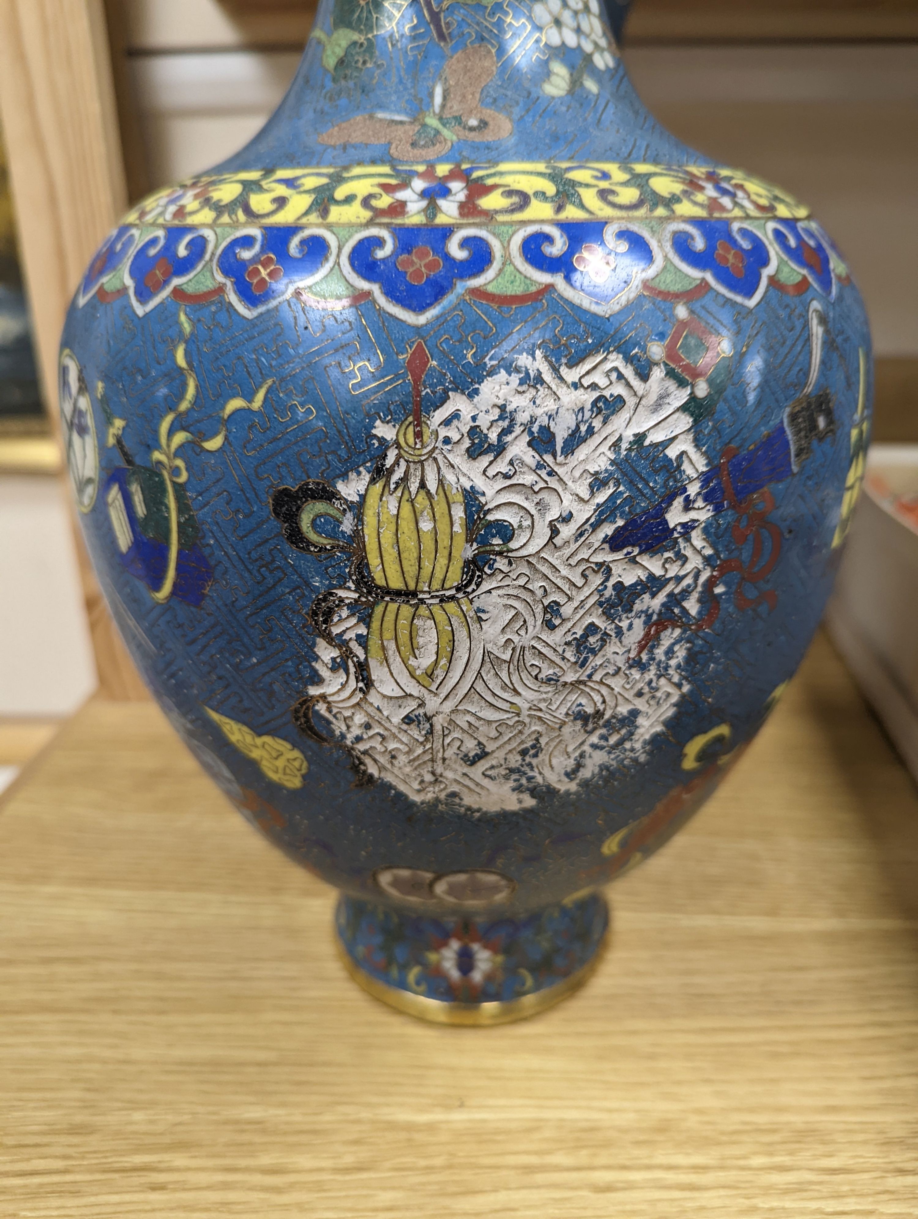A pair of late 19th/early 20th century Chinese cloisonné enamel ‘Buddhist emblems’ vases 36cm
